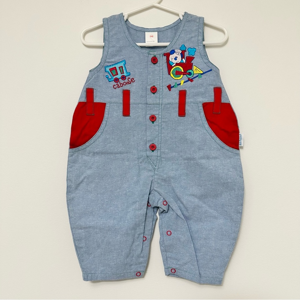 VINTAGE 90's Hush Puppies Baby Overalls Romper Bubble Train Conductor Caboose